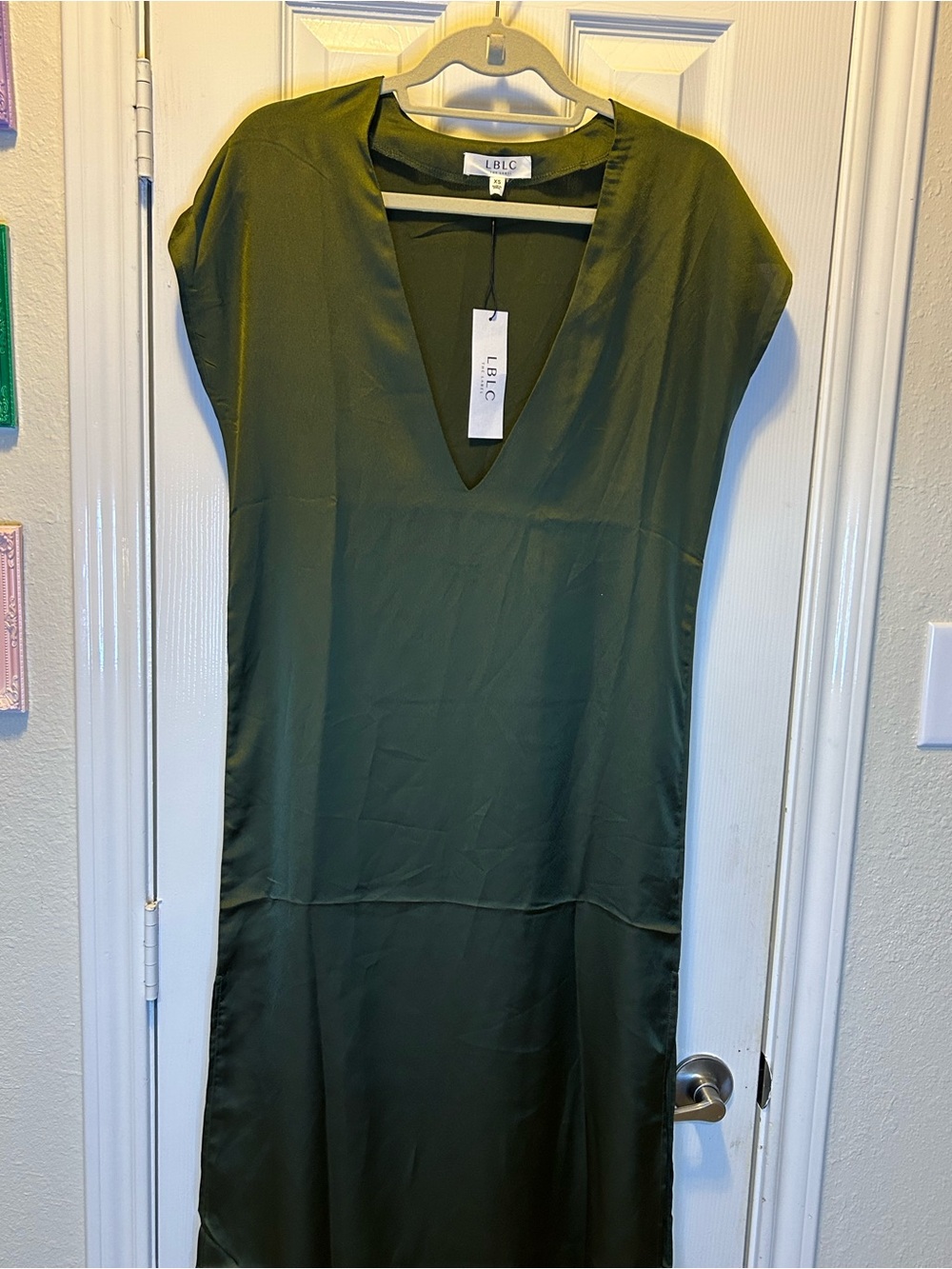 LBLC the label Catualina Maxi dress Olive Green Satin V-Neck NWT